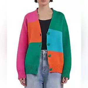 Grey Lab Abstract Colorblock Oversized V-neckline  Cardigan Sweater  Size S